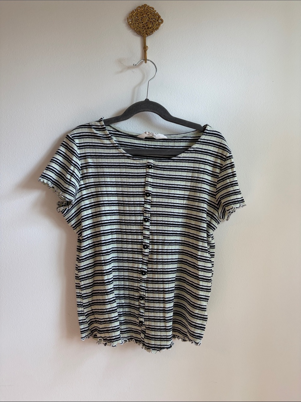 H&M Kids Black & Mint Green Striped Button-Front Short Sleeve Top